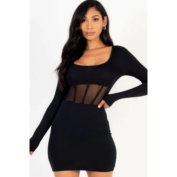 Square neck mesh corset mini dress