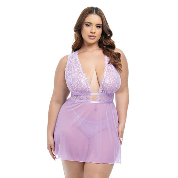 Stassi Lace & Mesh Babydoll w/G-String 2 pc Set - Lavender 1X/2X
