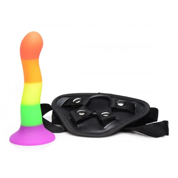 Strap U Proud Silicone Dildo w/Harness - Rainbow