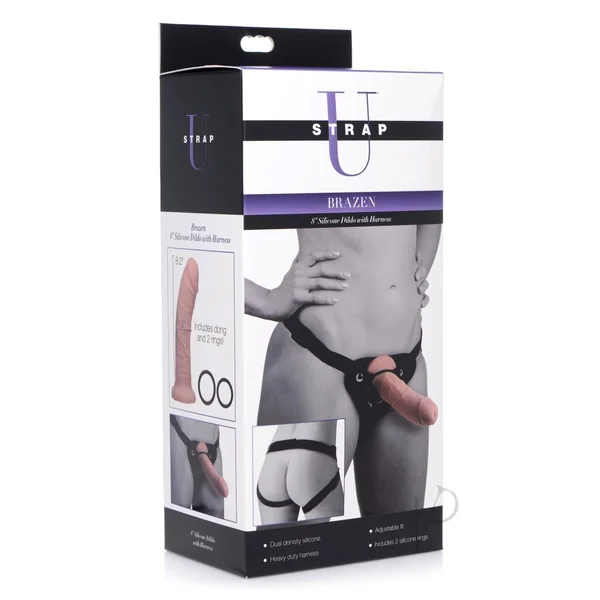 Strap-U Brazen Silicone Dildo with Harness 8in - Vanilla