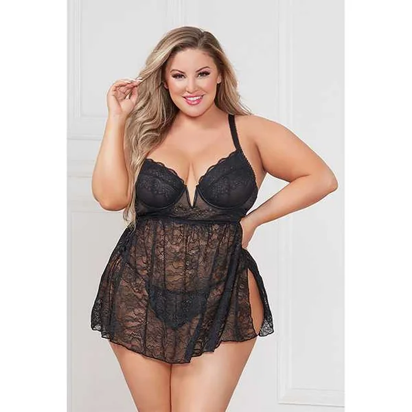 Stretch Lace Babydoll w/Underwire Cups & G-String Black 3X/4X