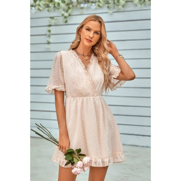 Swiss Dot Frill Trim Puff Sleeve Surplice Dress