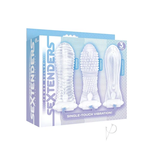 The 9`s - Vibrating Sextenders, 3-Pack, Nubbed, Contoured, Ribbed - Clear