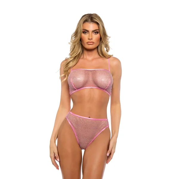 Think Pink Rhinestone Fishnet Tube Bra Set