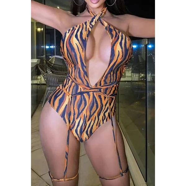 Tiger Print Garter Straps Sexy One Piece Sexy Swimsuit