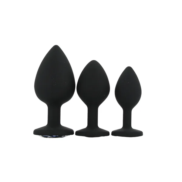 Toosh Silicone Butt Plug Black Set of 3 Clear Stone