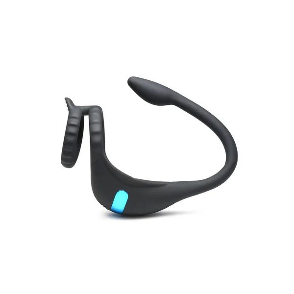 Trinity Men Vibrating Rechargeable Silicone Cock Ring with Anal Stimulator – Black