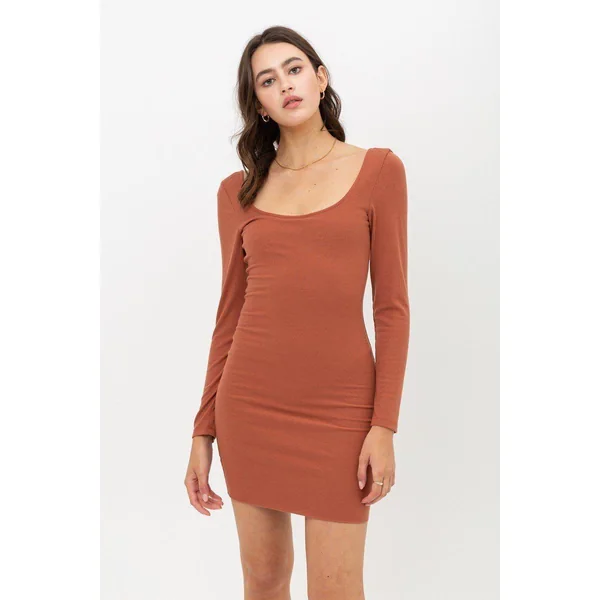 U Neck Of Front And Back Side, Basic Rib Dress With Long Sleeve