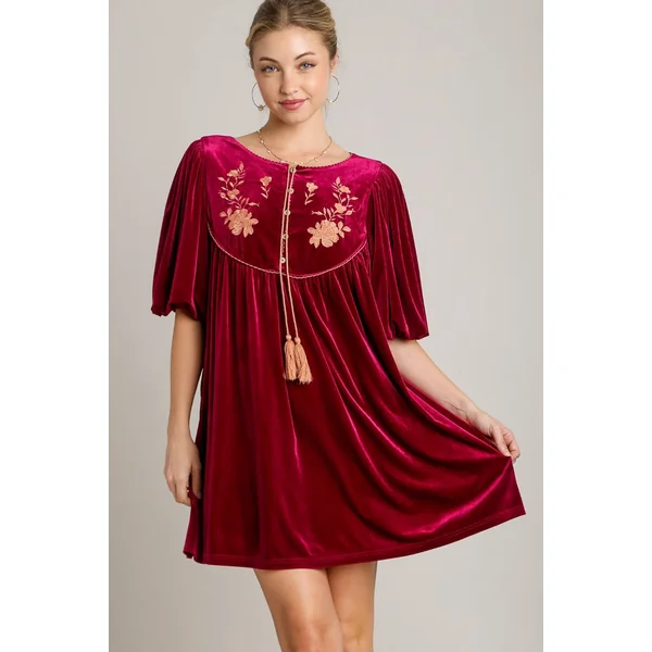 Umgee Embroidered Half Sleeve Velvet Mini Dress with Tassel