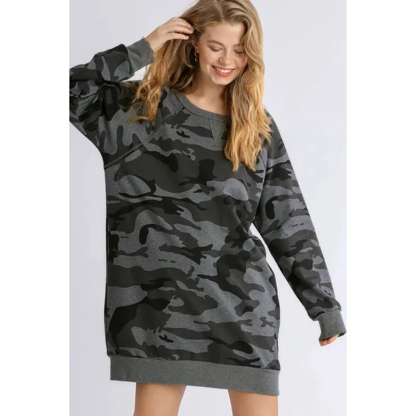 Umgee Full Size Camo Print Ribbed Hem French Terry Mini Dress Plus Size