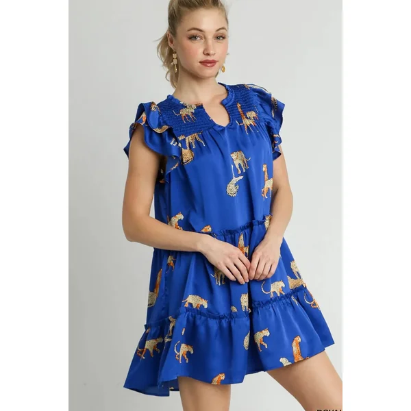 Umgee Full Size Cheetah Print Notched Ruffle Layered Cap Sleeve Mini Dress Plus Size