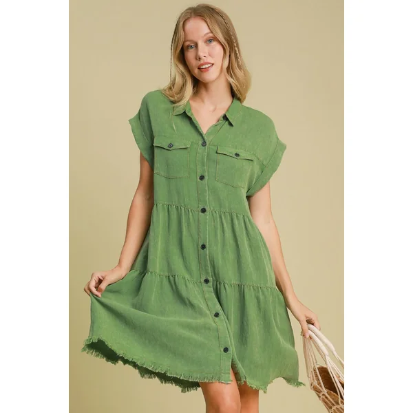 Umgee Full Size Frayed Hemline Button Down Shirt Dress Plus Size