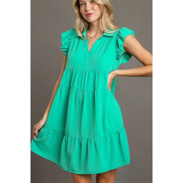 Umgee Full Size Johnny Collar Ruffle Cap Sleeve Tiered Dress Plus Size
