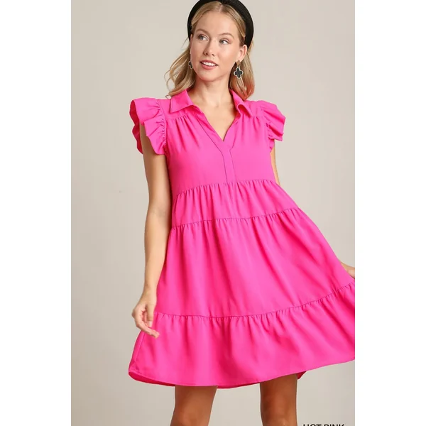 Umgee Full Size Johnny Collar Ruffle Cap Sleeve Tiered Dress Plus Size