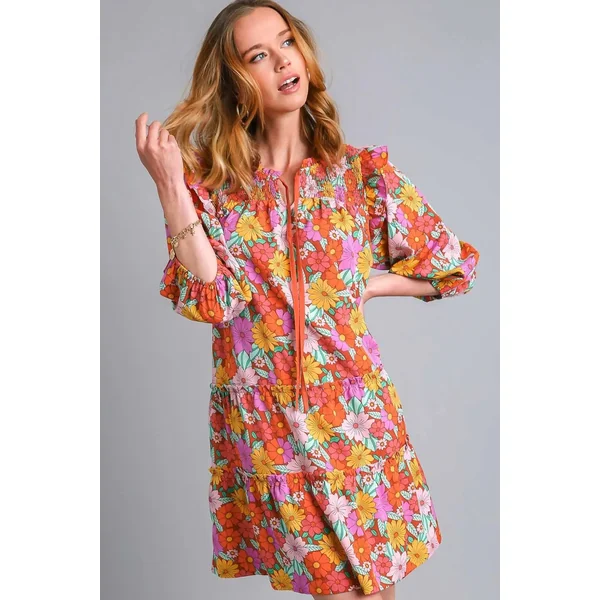 Umgee Full Size Ruffled Flower Print Tie Neck Tiered Dress Plus Size