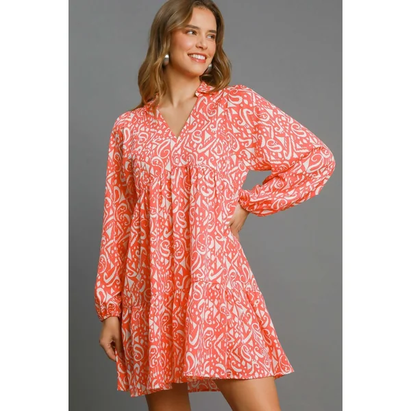 Umgee Full Size Two Tone Print Balloon Sleeve Tiered Dress Plus Size