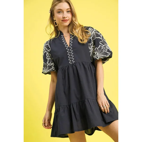 Umgee Tiered Embroidered Puff Sleeve Mini Dress