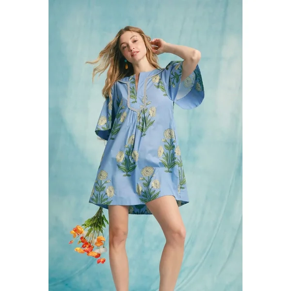 Umgee Tropical Print Bell Sleeve Mini Dress