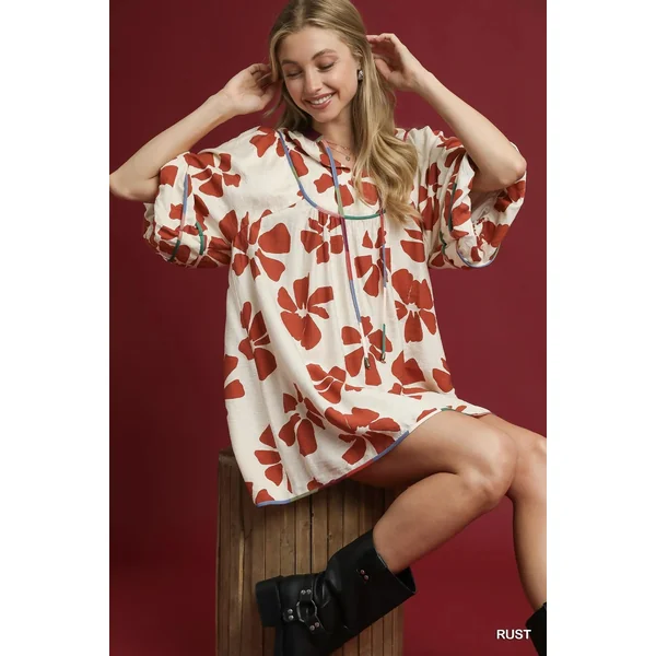 Umgee Two Tone Floral Tie-Neck Babydoll Dress