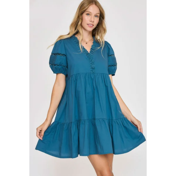 Umgee USA Full Size Lace Detail Puff Sleeve Mini Dress Plus Size