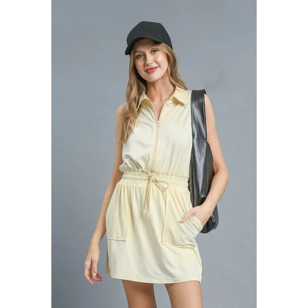 Umgee Zip Front Drawstring Waist Sleeveless Dress
