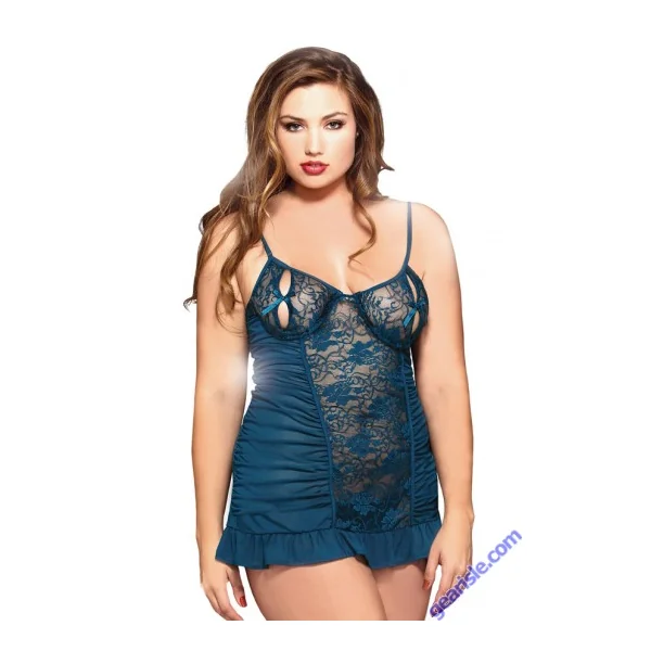 Underwire Split Cup Chemise Shirred Sides Matching Thong Curve P104