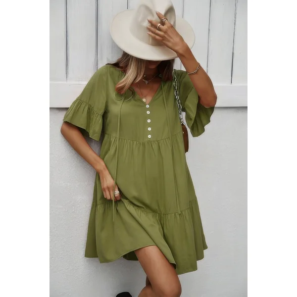 V Neck Button Up Solid Dress