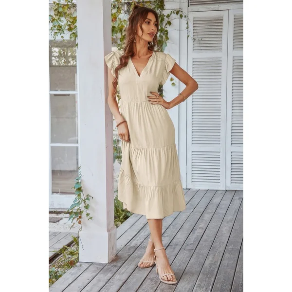 V Neck Flutter Sleeve Ruffle Hem Layered Dress