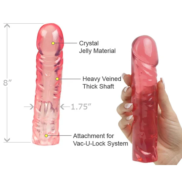 Vac U Lock Crystal Jellie Dildo 8 Inch Pink