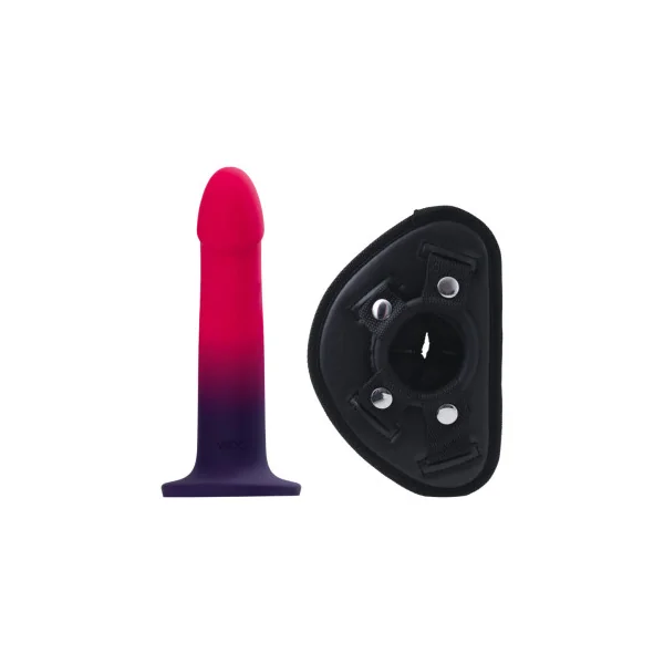 VeDO Duo Silicone Dildo (Non-Vibrating) with Harness, Pink/Purple