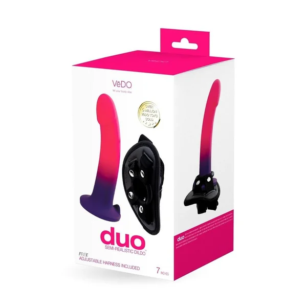 VeDO Duo Silicone Dildo with Harness - Pink/Purple
