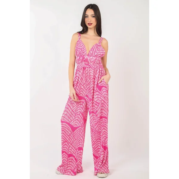 VERY J Printed Pleated Sleeveless Wide Leg Jumpsuit