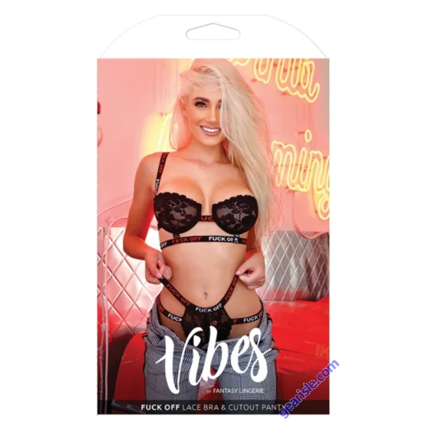 Vibes Fantasy Lingerie Fuck Off Lace Halter Bra Cutout Panty Black