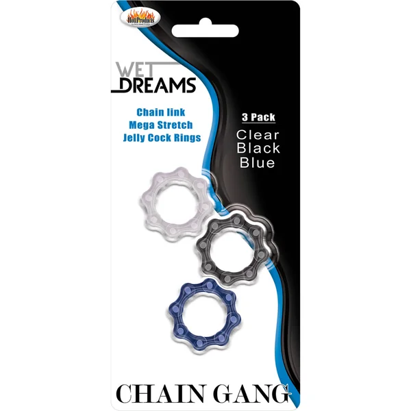 Wet Dreams Chain Gang Cock Rings 3 Each Per Pack – Clear/Black/Blue
