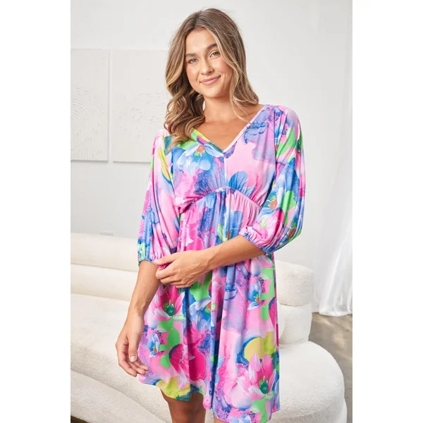 White Birch Full Size Printed V-Neck Tie Back Mini Dress