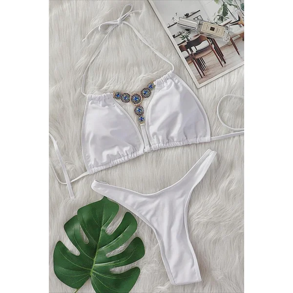 White Blue Rhinestones T Strap Halter Thong Sexy 2Pc Swimsuit Bikini