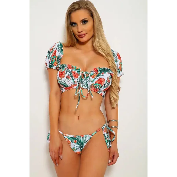 White Green Floral Print Two Piece Swimsuit