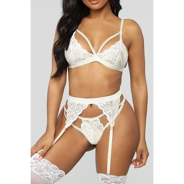 White Lace Bra Garter Pantie Lingerie Set