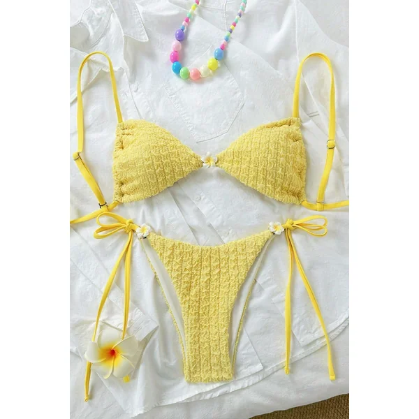 Yellow Textured Hawaiian Plumeria Flower Sexy 2Pc Swimsuit Set Bikini